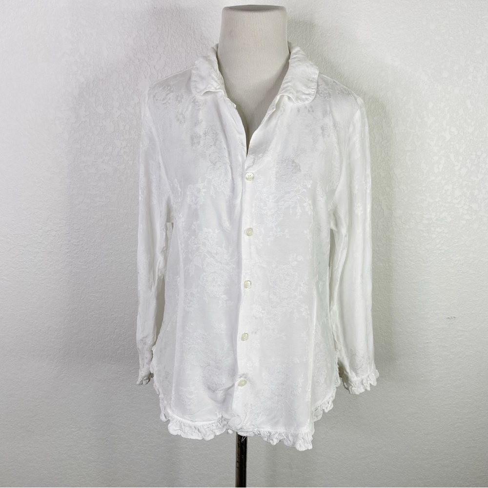 Vintage CP Shades White Floral Jacquard Ruffle Button Front Blouse